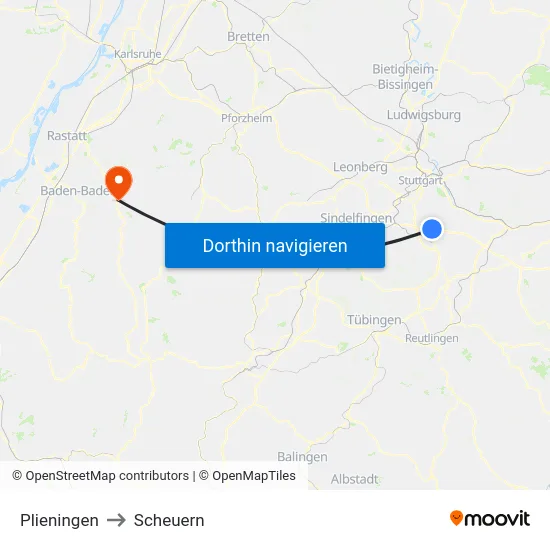Plieningen to Scheuern map