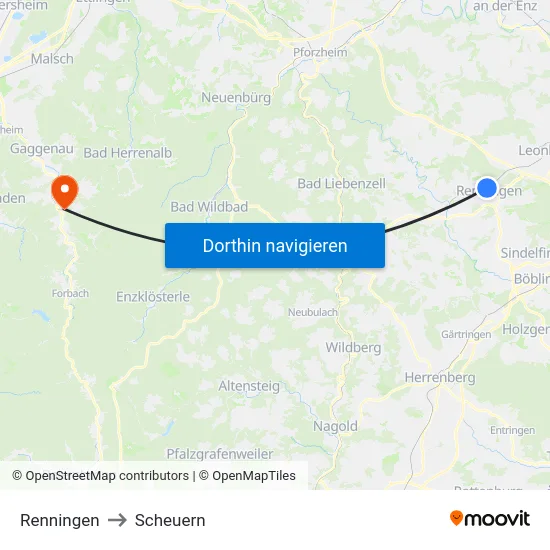 Renningen to Scheuern map