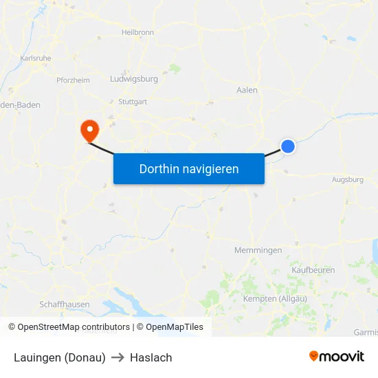 Lauingen (Donau) to Haslach map