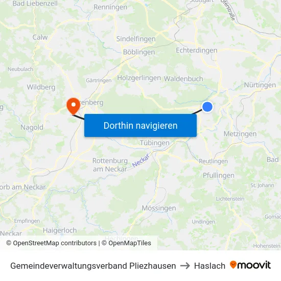 Gemeindeverwaltungsverband Pliezhausen to Haslach map
