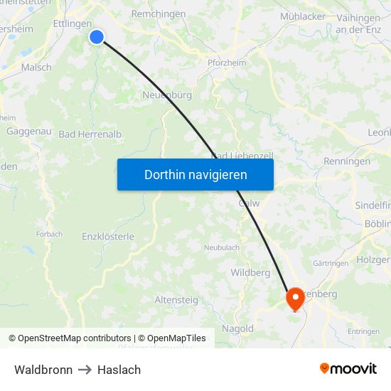 Waldbronn to Haslach map