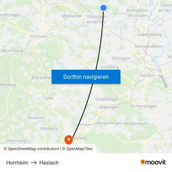 Horrheim to Haslach map