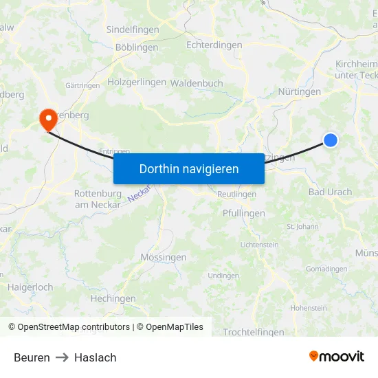 Beuren to Haslach map