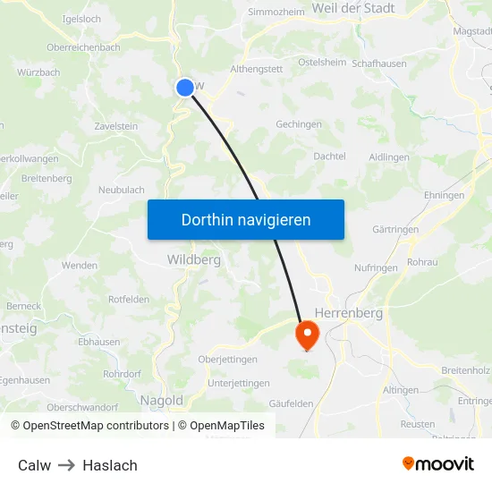 Calw to Haslach map