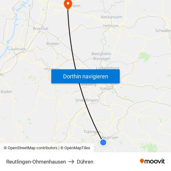 Reutlingen-Ohmenhausen to Dühren map