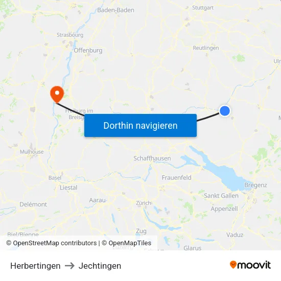 Herbertingen to Jechtingen map