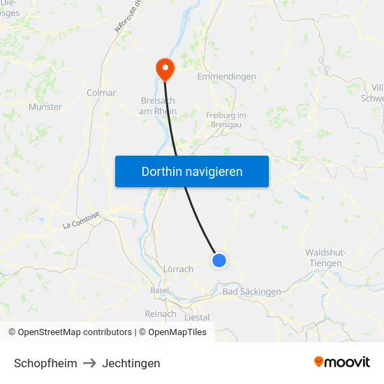 Schopfheim to Jechtingen map