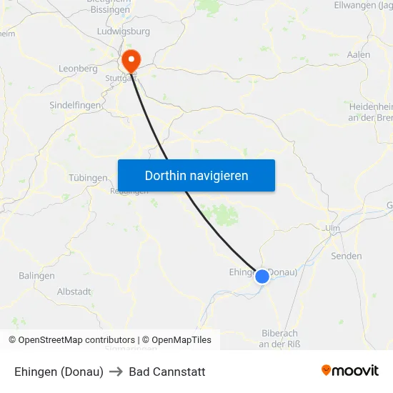 Ehingen (Donau) to Bad Cannstatt map