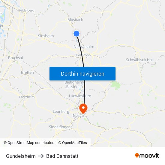 Gundelsheim to Bad Cannstatt map