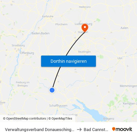Verwaltungsverband Donaueschingen to Bad Cannstatt map