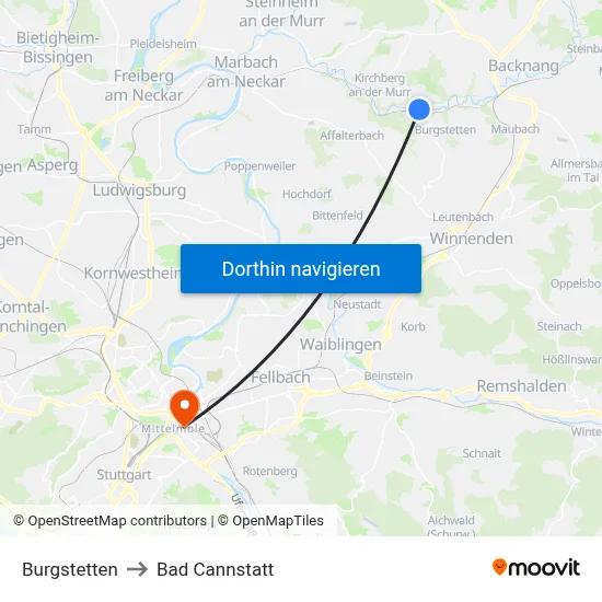 Burgstetten to Bad Cannstatt map