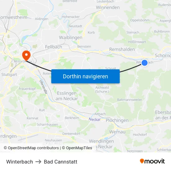 Winterbach to Bad Cannstatt map