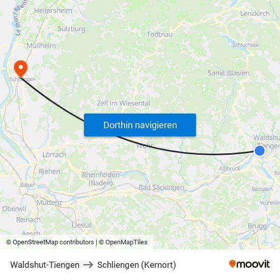 Waldshut-Tiengen to Schliengen (Kernort) map