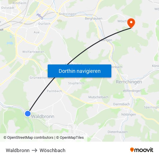 Waldbronn to Wöschbach map