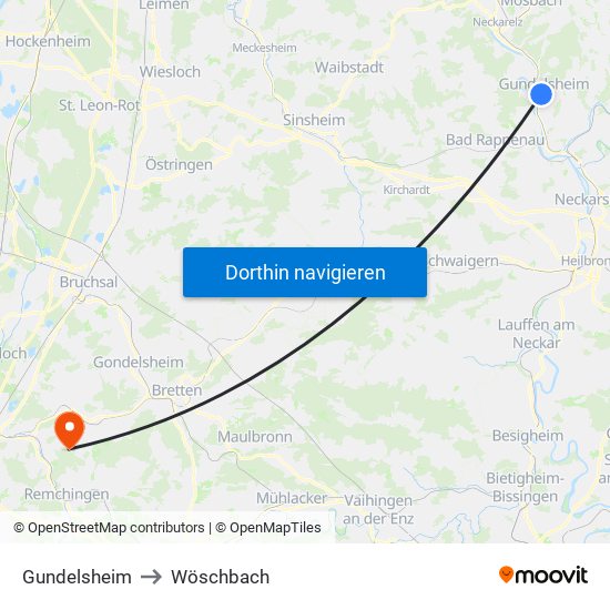 Gundelsheim to Wöschbach map