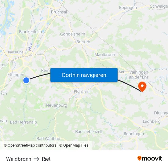 Waldbronn to Riet map
