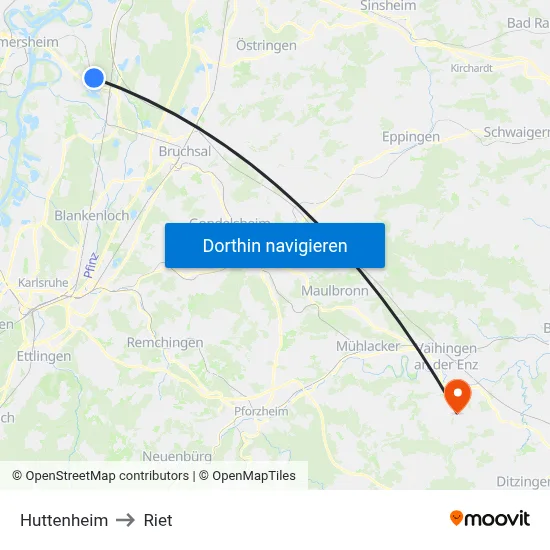 Huttenheim to Riet map