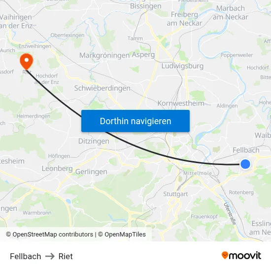 Fellbach to Riet map