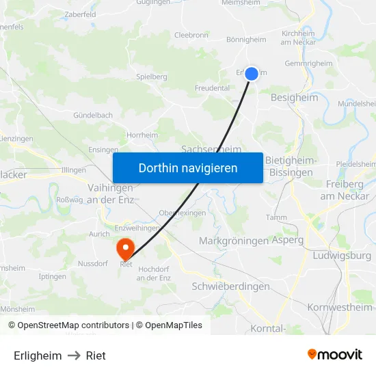 Erligheim to Riet map