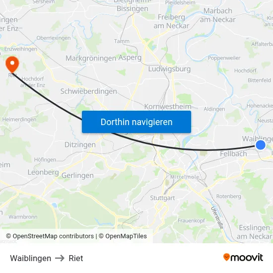 Waiblingen to Riet map