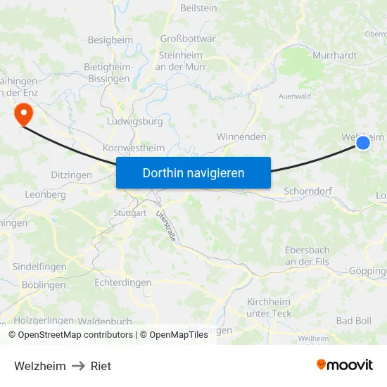 Welzheim to Riet map