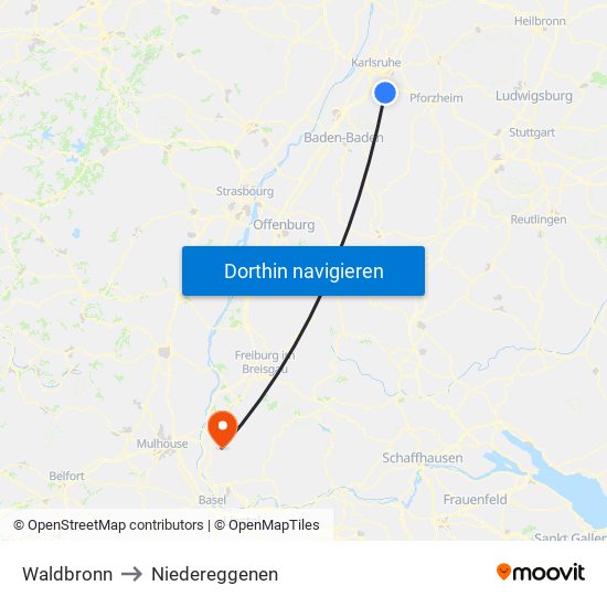Waldbronn to Niedereggenen map