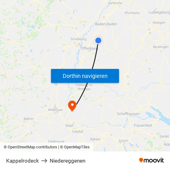 Kappelrodeck to Niedereggenen map