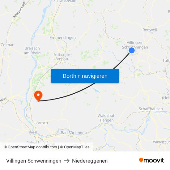 Villingen-Schwenningen to Niedereggenen map