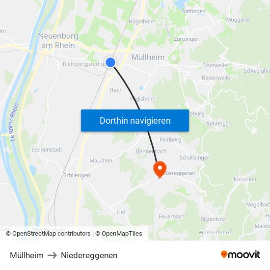 Müllheim to Niedereggenen map