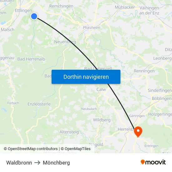 Waldbronn to Mönchberg map