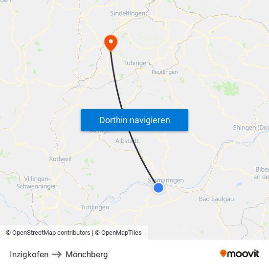 Inzigkofen to Mönchberg map