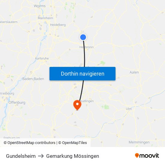 Gundelsheim to Gemarkung Mössingen map