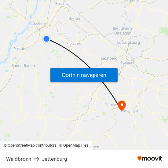 Waldbronn to Jettenburg map