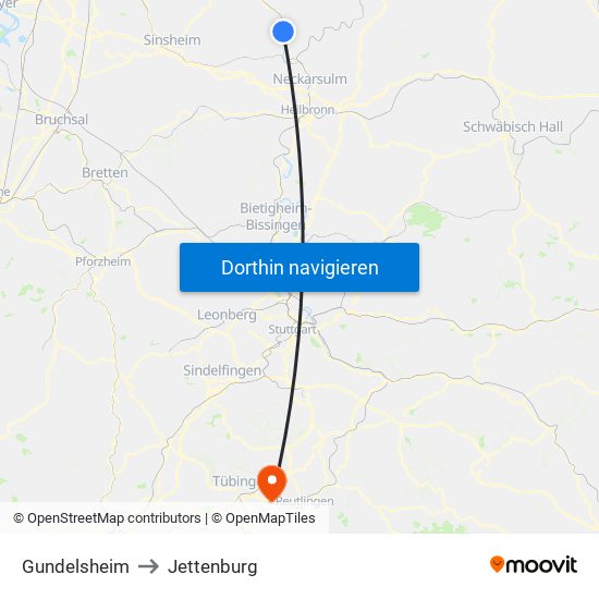 Gundelsheim to Jettenburg map