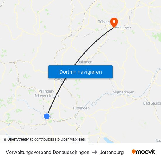 Verwaltungsverband Donaueschingen to Jettenburg map