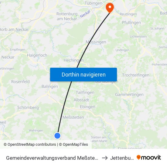 Gemeindeverwaltungsverband Meßstetten to Jettenburg map