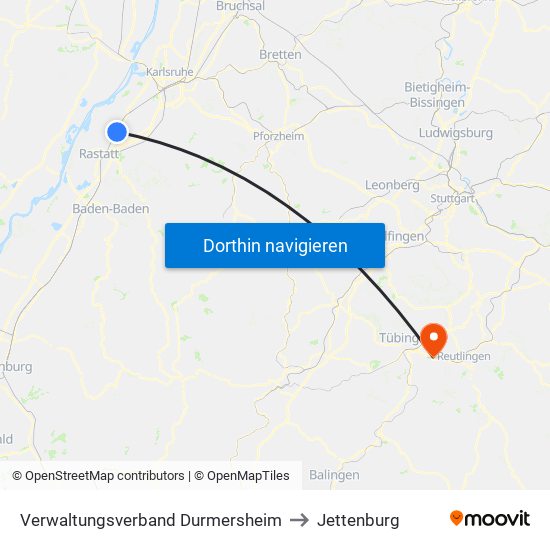 Verwaltungsverband Durmersheim to Jettenburg map