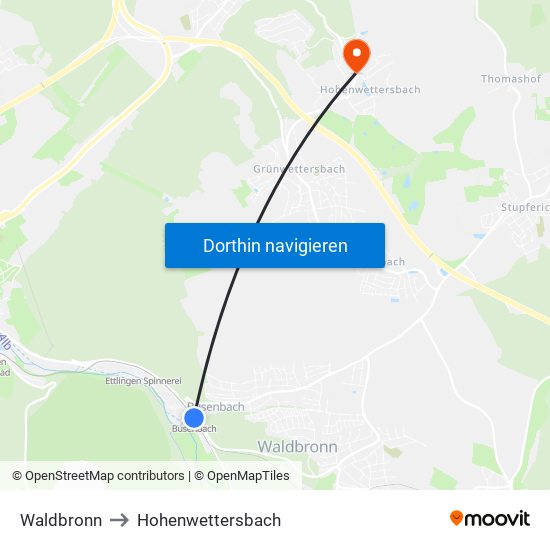 Waldbronn to Hohenwettersbach map