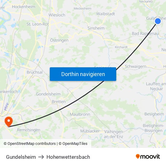 Gundelsheim to Hohenwettersbach map