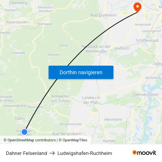 Dahner Felsenland to Ludwigshafen-Ruchheim map