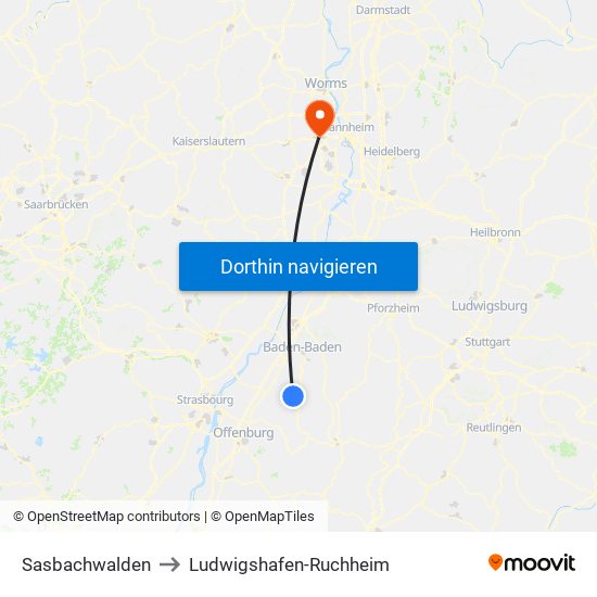 Sasbachwalden to Ludwigshafen-Ruchheim map