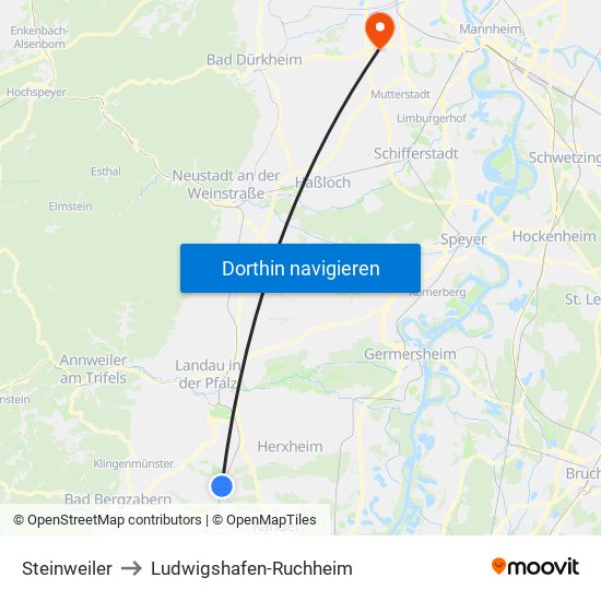 Steinweiler to Ludwigshafen-Ruchheim map