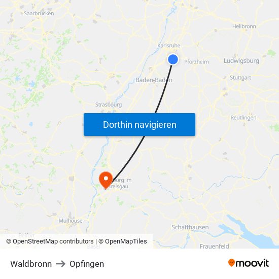 Waldbronn to Opfingen map
