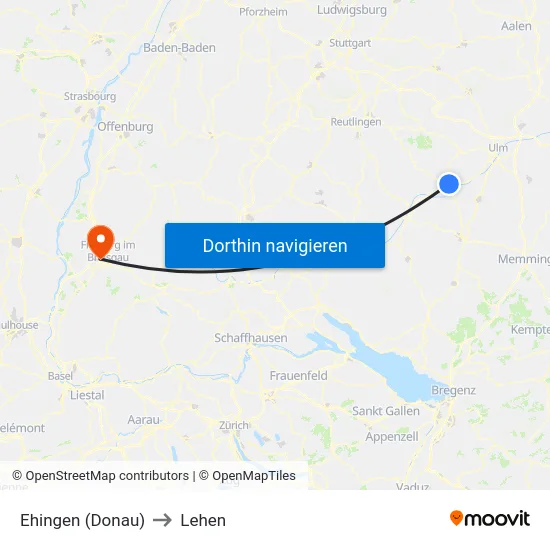 Ehingen (Donau) to Lehen map