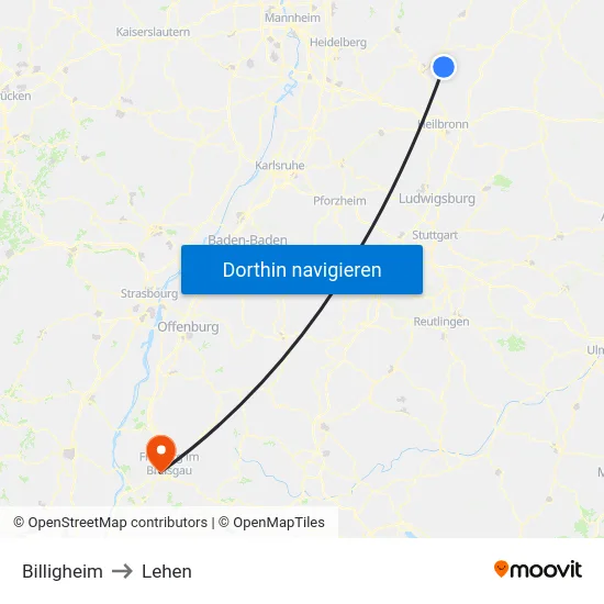 Billigheim to Lehen map