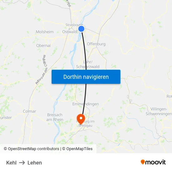 Kehl to Lehen map