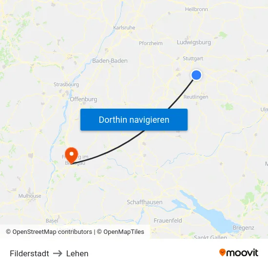 Filderstadt to Lehen map