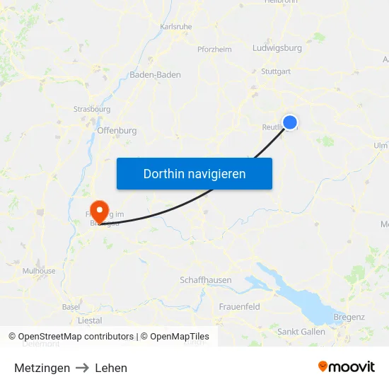 Metzingen to Lehen map
