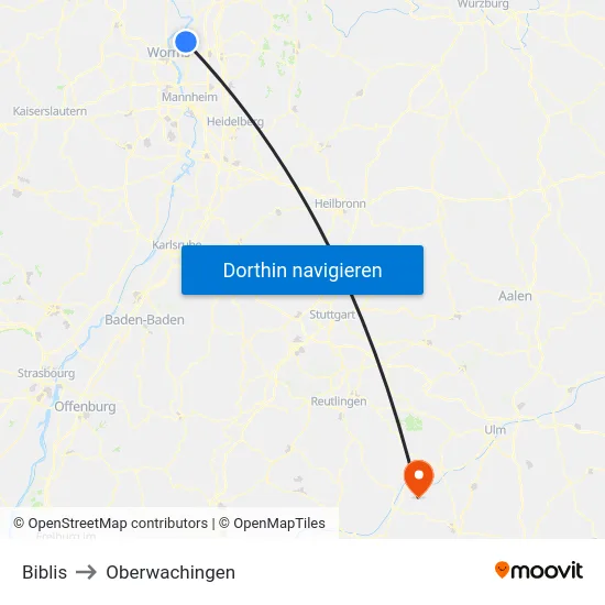 Biblis to Oberwachingen map