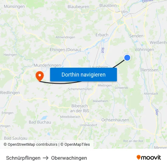Schnürpflingen to Oberwachingen map